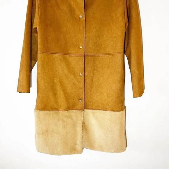 Zara Faux‎ Fur Ultrasuede Coat Brown Size Small Snap Front Blogger Fave Cozy - Picture 6 of 13